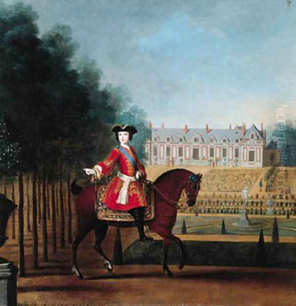 Portrait of a nobleman on horseback, a palace and gardens beyond Oil Painting by Peter Tillemans