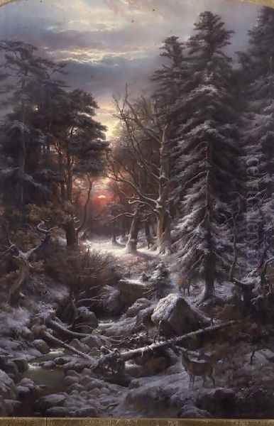 Deer in the Black Forest at sunset, 1870 Oil Painting by Carl Friedrich Wilhelm Trautschold