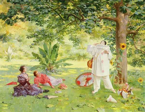 Pierrot Entertaining In The Garden Oil Painting by Louis Adolphe Tessier