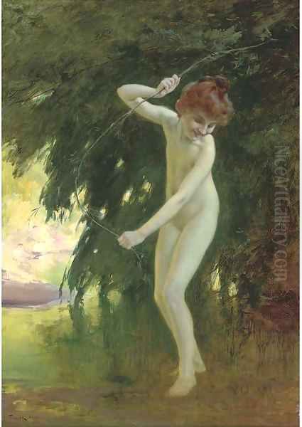 A nymph at a woodland pool Oil Painting by Louis Adolphe Tessier