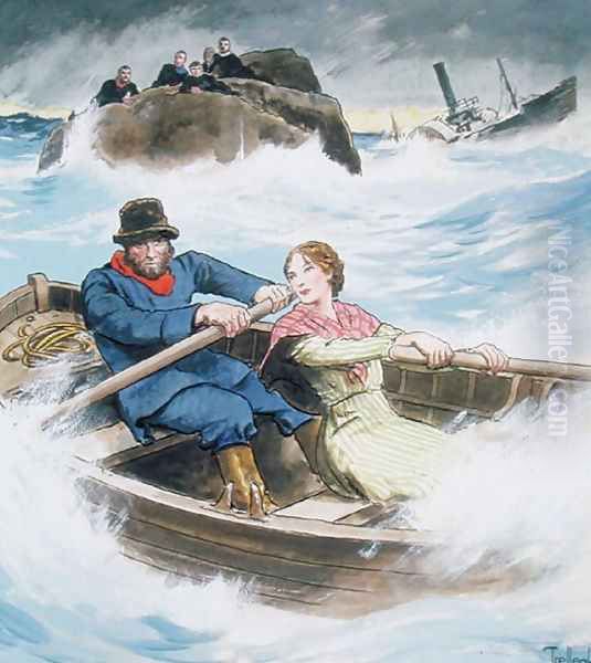 Grace Darling 1815-41 and her father rescuing survivors of the shipwrecked steamship Forfarshire, September 7th 1838, from Peeps into the Past, published c.1900 Oil Painting by Trelleek