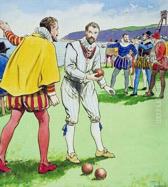 Sir Francis Drake 1540-3-96 playing bowls, from Peeps into the Past, published c.1900 Oil Painting by Trelleek