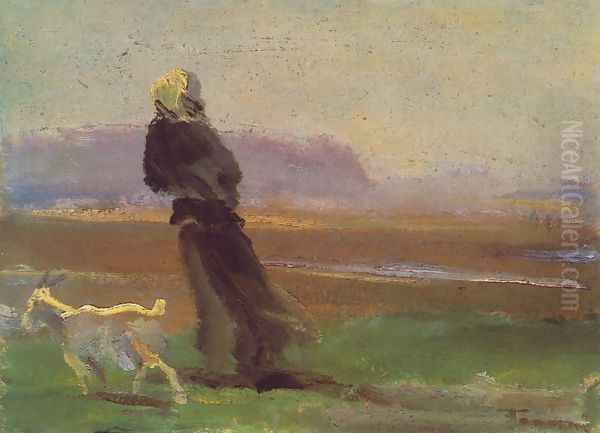 Woman with Goat c. 1910 Oil Painting by Janos Tornyai