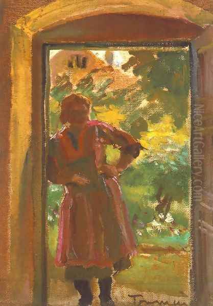 Woman Standing in a Door 1933-34 Oil Painting by Janos Tornyai