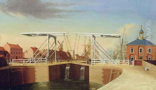 An East View of the Bridge and New Dock at Kingston upon Hull Oil Painting by Robert Thew