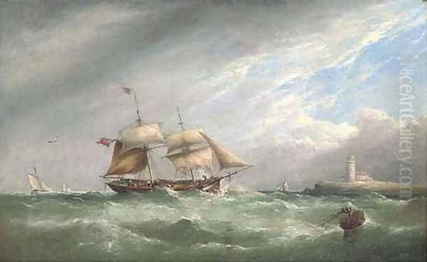 A merchant brig heaving-to off a lighthouse Oil Painting by Henry King Taylor