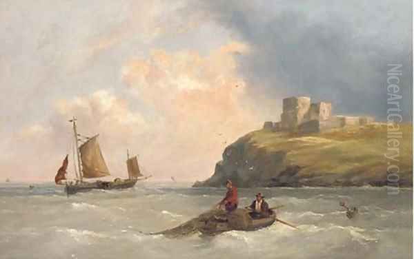 Fishermen pulling in their nets off a fortified headland Oil Painting by Henry King Taylor