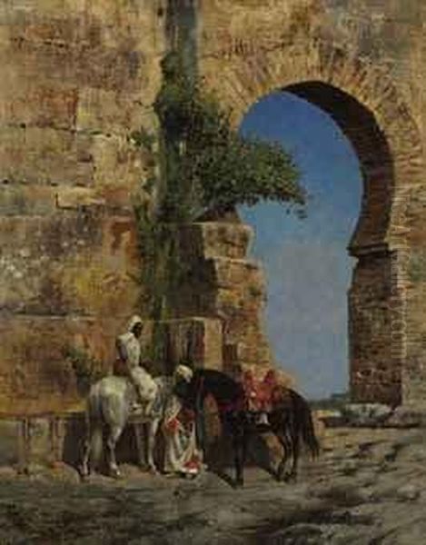 Horsemen Waiting At A Gateway Oil Painting by Edwin Lord Weeks