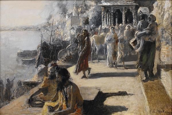 View Along The Ghats In Benares, India Oil Painting by Edwin Lord Weeks