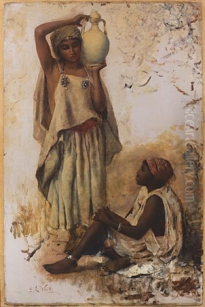 A Moorish Country Woman With A Jar And A Slavegirl Oil Painting by Edwin Lord Weeks