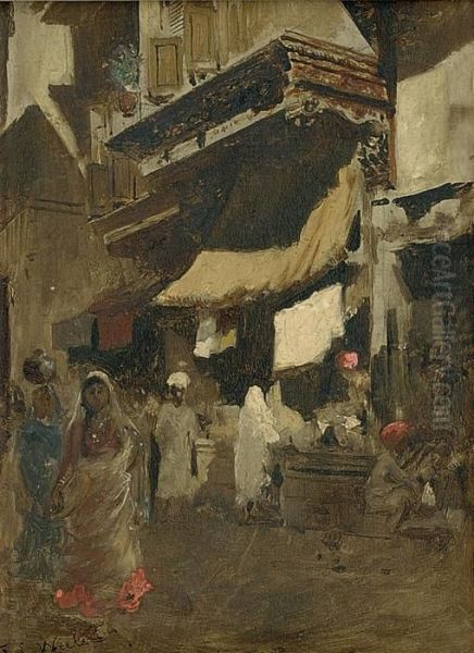 Figures In A Bazaar, Bombay Oil Painting by Edwin Lord Weeks