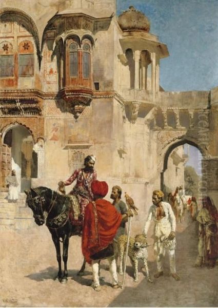 Departure For The Hunt In The Forecourt Of A Palace Ofjodhpore Oil Painting by Edwin Lord Weeks