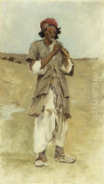 An Indian Shepherd Playing On A Flute Oil Painting by Edwin Lord Weeks