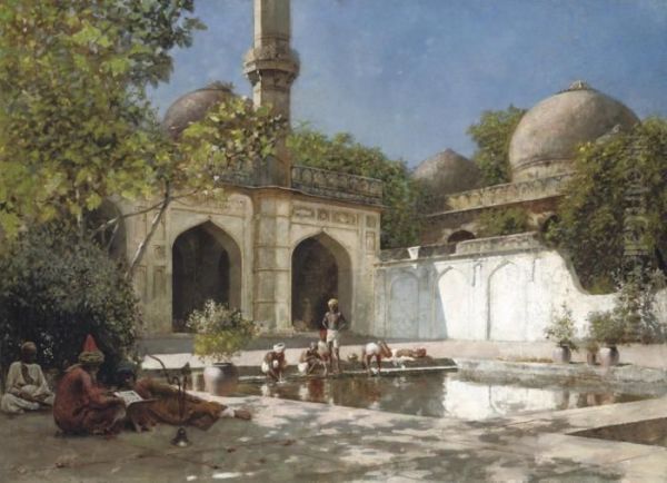 Figures In The Courtyard Of A Mosque In Ahmedabad Oil Painting by Edwin Lord Weeks