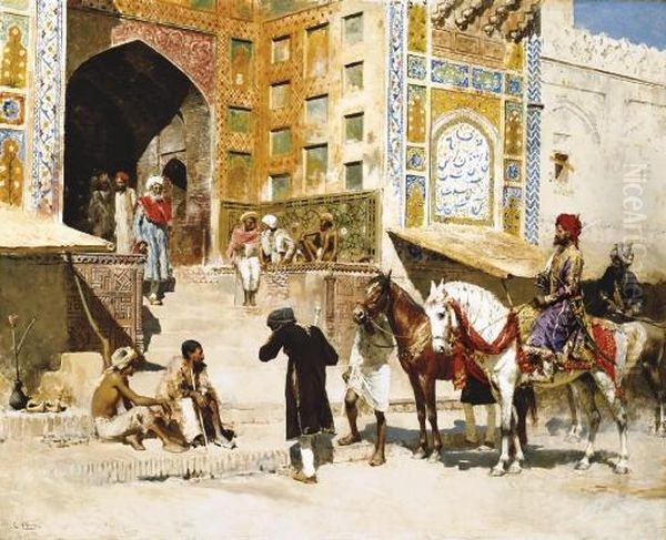 Steps Of The Mosque Vazirkham, Lahore Oil Painting by Edwin Lord Weeks