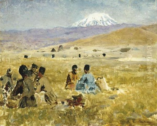 Persians Lunching On The Grass, Mt. Ararat In The Distance Oil Painting by Edwin Lord Weeks