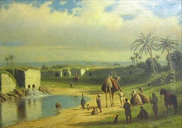 Camels And Figures At An Oasis Oil Painting by Edwin Lord Weeks