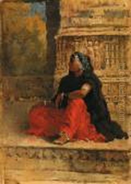 Femme Indienne Assise Devant Un Temple Oil Painting by Edwin Lord Weeks