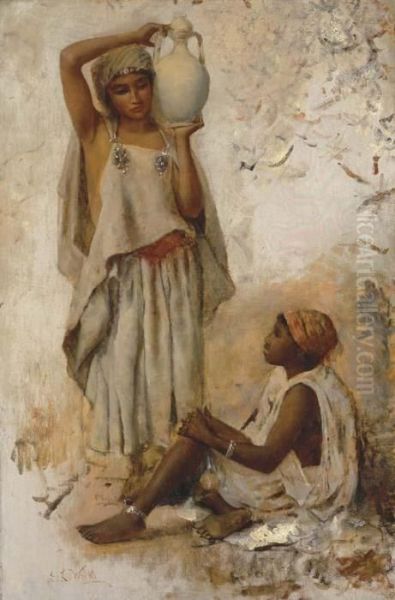 A Moorish Country Woman With A Jar And A Slave Girl Oil Painting by Edwin Lord Weeks