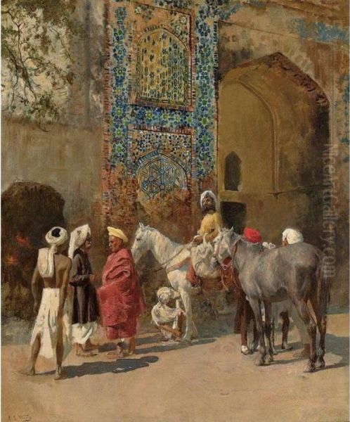 Blue-tiled Mosque At Delhi, India Oil Painting by Edwin Lord Weeks