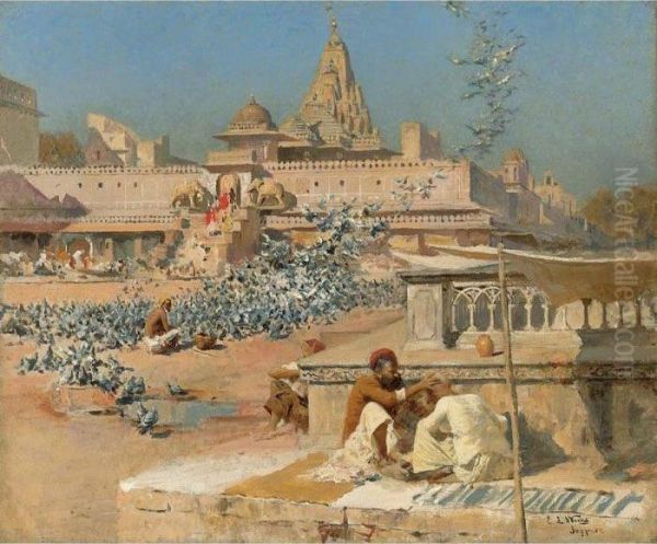 Feeding The Sacred Pigeons, Jaipur Oil Painting by Edwin Lord Weeks