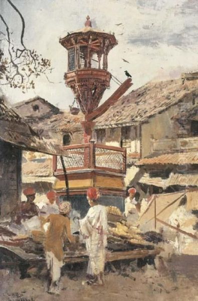 Birdhouse And Market-ahmedabad, India Oil Painting by Edwin Lord Weeks