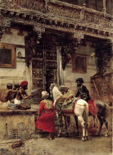 Craftsman Selling Cases By A Teak-wood Building, Ahmedabad Oil Painting by Edwin Lord Weeks