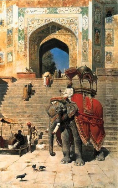 Royal Elephant At The Gateway To The Jami Masjid, Mathura Oil Painting by Edwin Lord Weeks