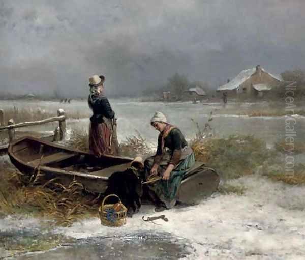 Pulling on the ice skates Oil Painting by Jan Mari Henri Ten Kate