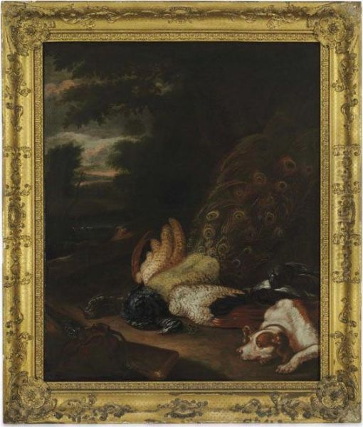 A Spaniel Beside Dead Game In A Landscape Oil Painting by Jan Weenix