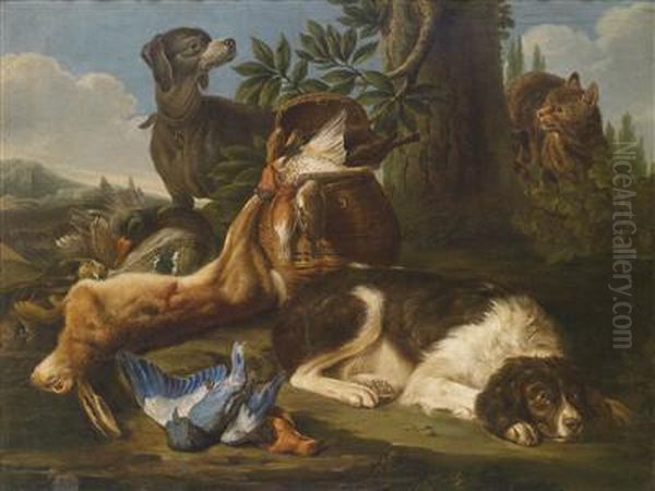 A Hunting Still Life With A Shot Hare And Adog Oil Painting by Jan Weenix