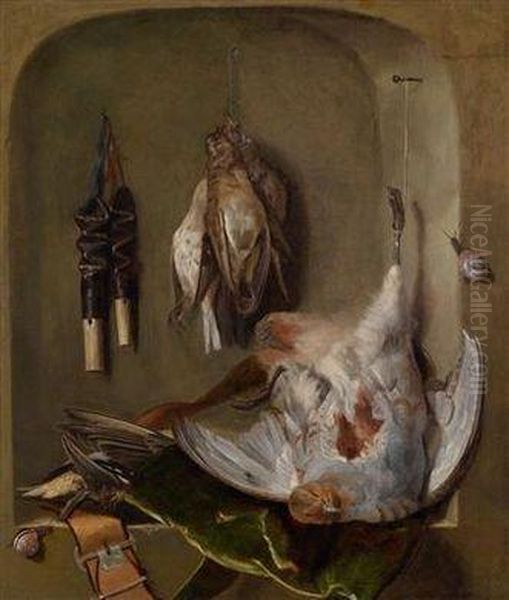 A Still Life With Shot Wildfowl And Huntingutensils In A Niche Oil Painting by Jan Weenix