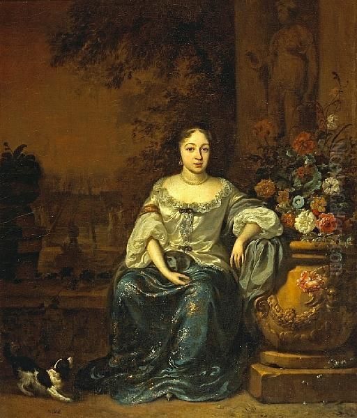 A Portrait Of A Lady, Seated Smallfull-length, In A Garden With Her Dog Oil Painting by Jan Weenix