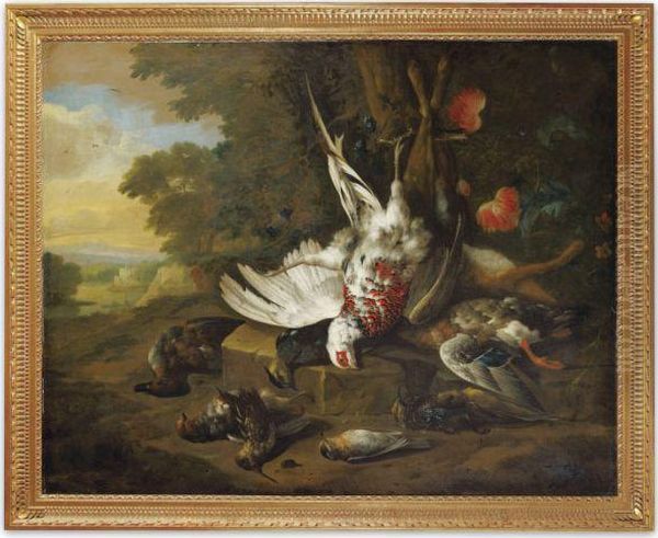 Still Life Of Dead Game In A Landscape Oil Painting by Jan Weenix