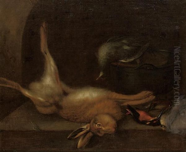 A Dead Hare And Birds On A Stone Ledge Oil Painting by Jan Weenix