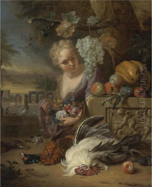 A Young Woman Kneeling And 
Holding Flowers In A Park Landscape, With Game And Fruit Resting On A 
Carved Stone Frieze Oil Painting by Jan Weenix