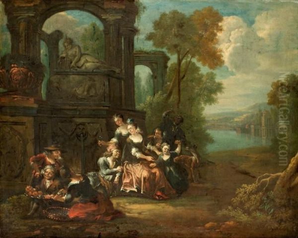 Hans Krets Landskap Med Galant Sallskap Vid Antik Byggnad Oil Painting by Jan Weenix