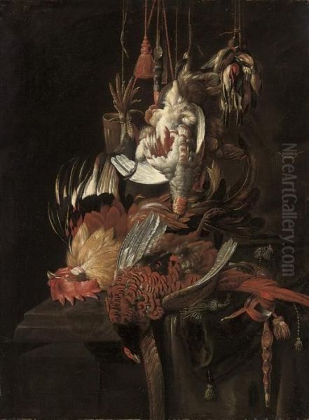 Still Life Of A Dead Pheasant 
And Other Birds, With Hawking Accoutrements, On A Draped Stone Ledge Oil Painting by Jan Weenix