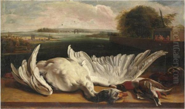 A Dead Swan And A Mallard On A Ledge Before An Extensive Riverlandscape Oil Painting by Jan Weenix