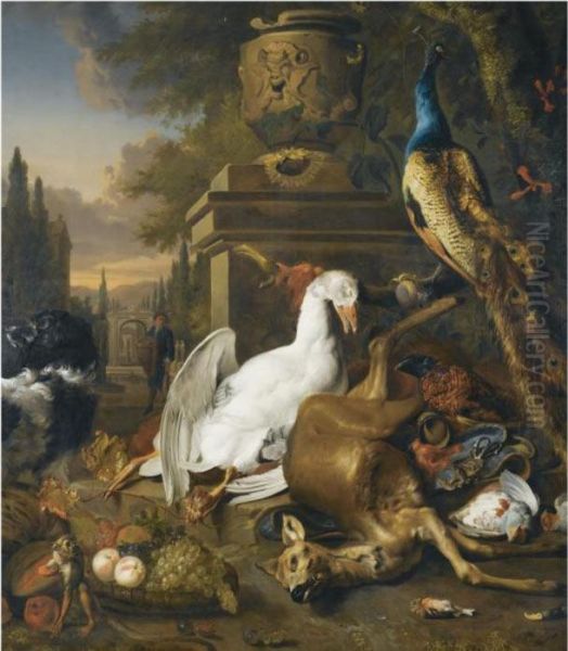 A Still Life With A Peacock, A 
Swan, A Deer, A Dog, A Monkey, Apheasant And Other Game Birds, Together 
With Grapes And Peaches Ina Basket, Before A Sculpted Urn On A Plinth, A
 Man Returning Fromthe Hunt Beyond Oil Painting by Jan Weenix