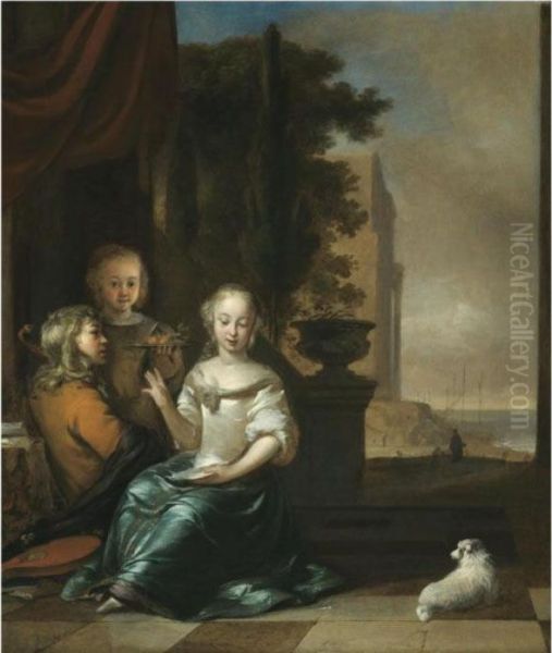 A Group Of Three Children On A 
Terrace, With A Young Boyinterrupting A Girl Reading A Letter, A Coastal
 View Beyond Oil Painting by Jan Weenix