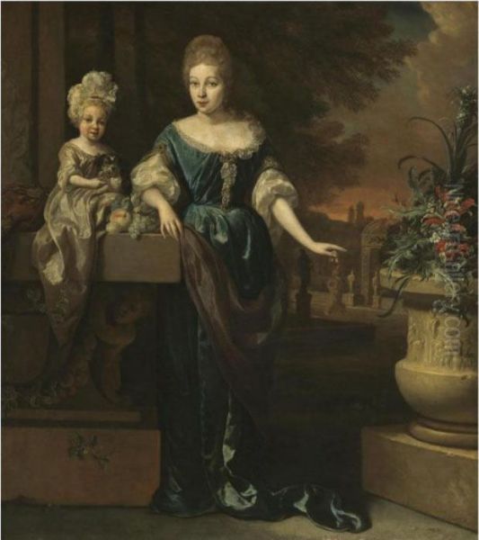 Portrait Of A Mother And Child 
On A Garden Terrace, Standing Besidean Urn Filled With Flowers Oil Painting by Jan Weenix