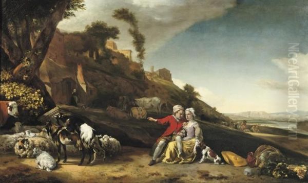 A Young Couple With Goats And Sheep In An Italianatelandscape Oil Painting by Jan Weenix