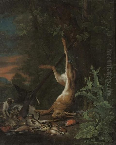 A Dead Hare And Other Game With A
 Pointer And A Rifle, In A Wooded Clearing, By A Thistle Oil Painting by Jan Weenix