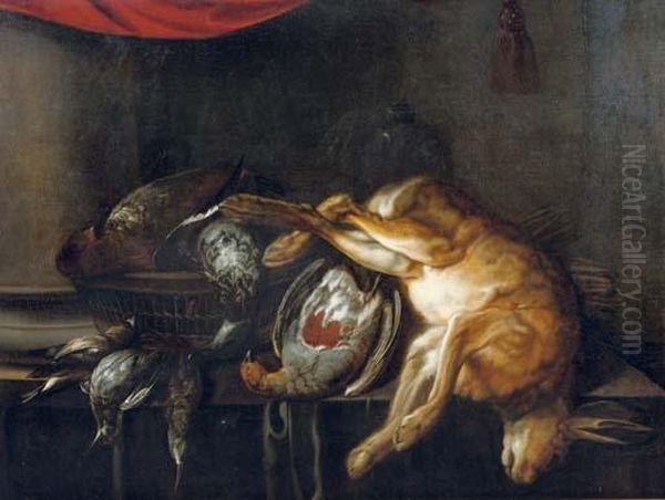 Game In Cluding Poultry And A Hare On A Partially Draped Stone Ledge Oil Painting by Jan Weenix