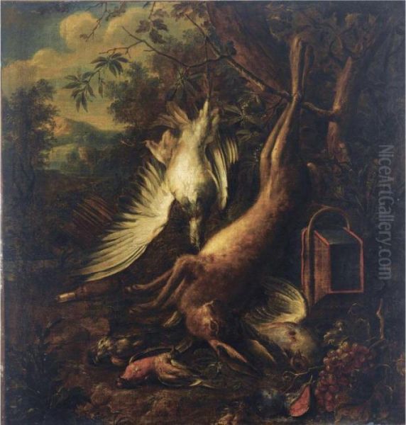 A Game Still Life With A Hare, Partridges And Songbirds, An Open Landscape Behind Oil Painting by Jan Weenix