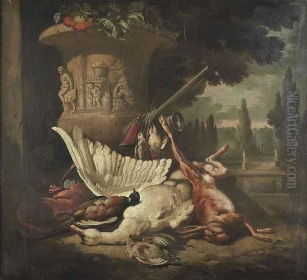 Dead Game With A Hare, A Swan, A
 Pheasant And Implements Of The Chase By An Urn, An Extensive Ornamental
 Garden Beyond Oil Painting by Jan Weenix