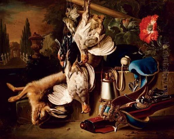 Game And A Hare With A Rifle And Other Hunting Objects On A Ledge In A Garden Oil Painting by Jan Weenix