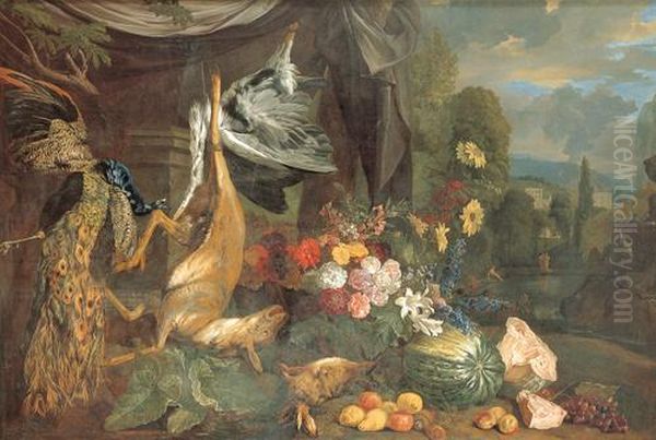 Naturaleza Muerta Con Flores Y Fondo De Paisaje Oil Painting by Jan Weenix