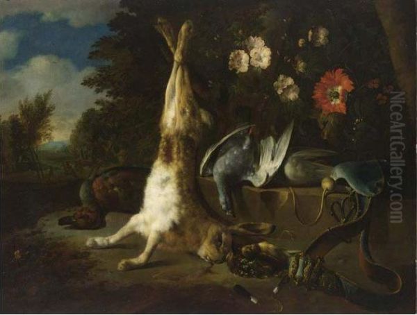 A Hunting Still Life With A Hare, Pigeons, A Duck, Finches And A Hunting Bag Oil Painting by Jan Weenix